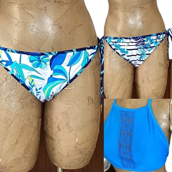 Aerie High Neck Halter Top L & Reversible String Bikini Bottom Blue White 291C - Picture 1 of 13